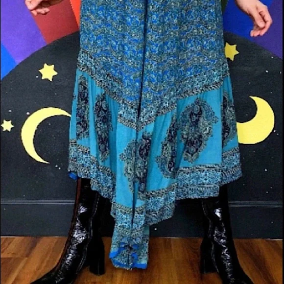 ANGIE Pants Skirt Wide Leg Boho Blue Green Black Rayon Flowy Hi Lo Size Small - Picture 5 of 8